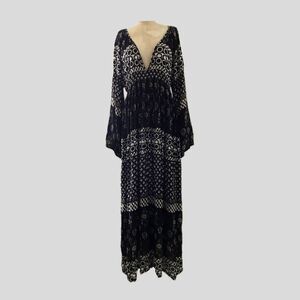 Raga Black Floral V Neck Long Sleeve Flowy Bohemian Casual Maxi Dress M